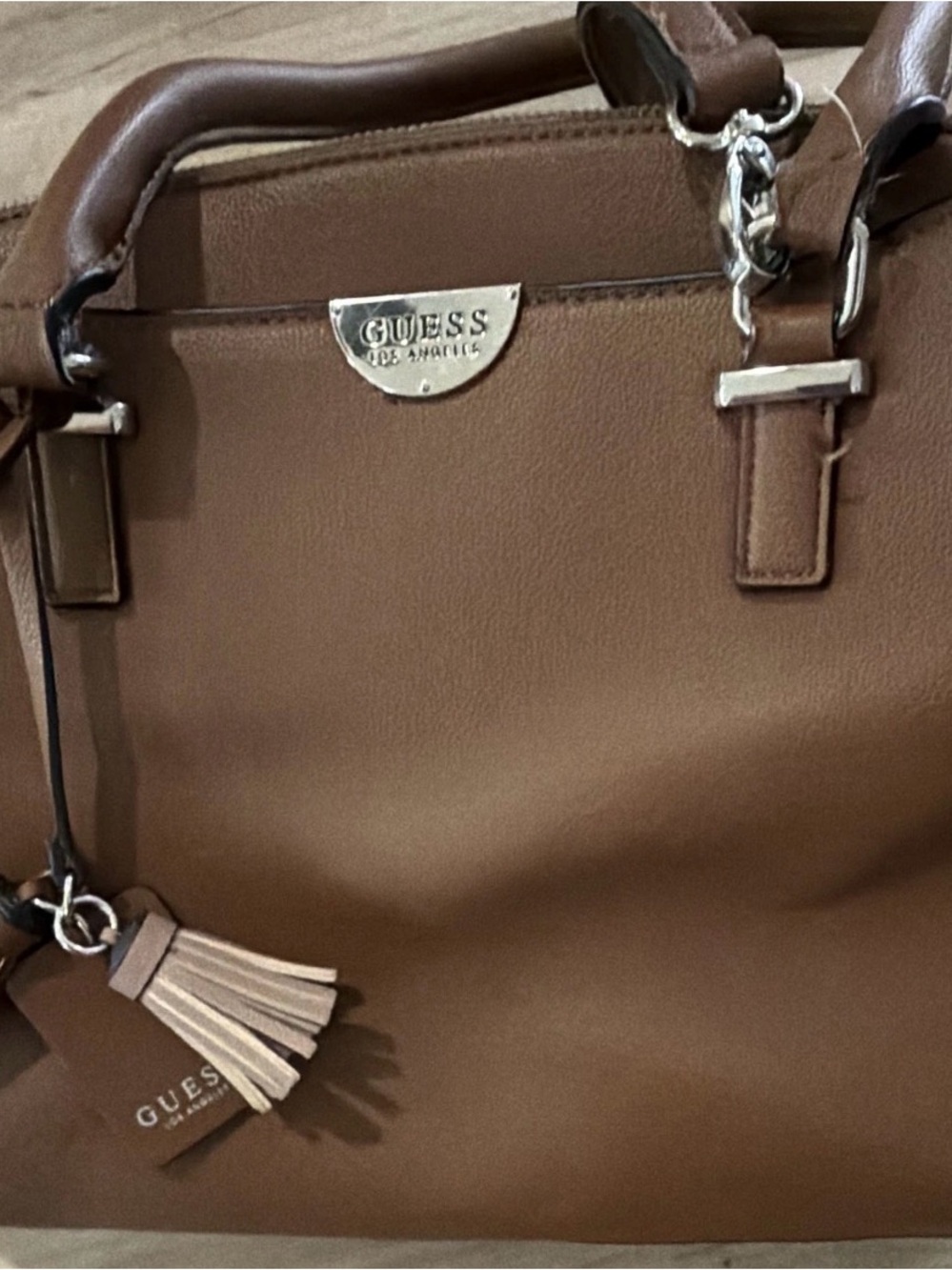 GUESS Tan Leather Tote with Tassel Charm